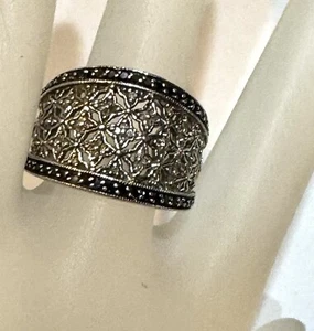Vintage Sterling Silver Diamond & Black Diamond Size 6 3/4 Wide Band Ring - Picture 1 of 9