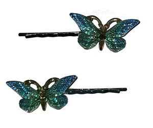 BUTTERFLY Turquoise - Handmade Bobby Pin Hair clips - Set of 2 - Picture 1 of 3