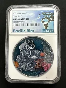 2021 Coral Reef $5 Niue 2 oz pure silver Ms70 antiqued Ngc K334 - Picture 1 of 6
