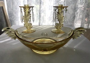 SET: Fostoria Baroque Amber Winged Bowl & Two candleholders w/crystal bobeches - Picture 1 of 9
