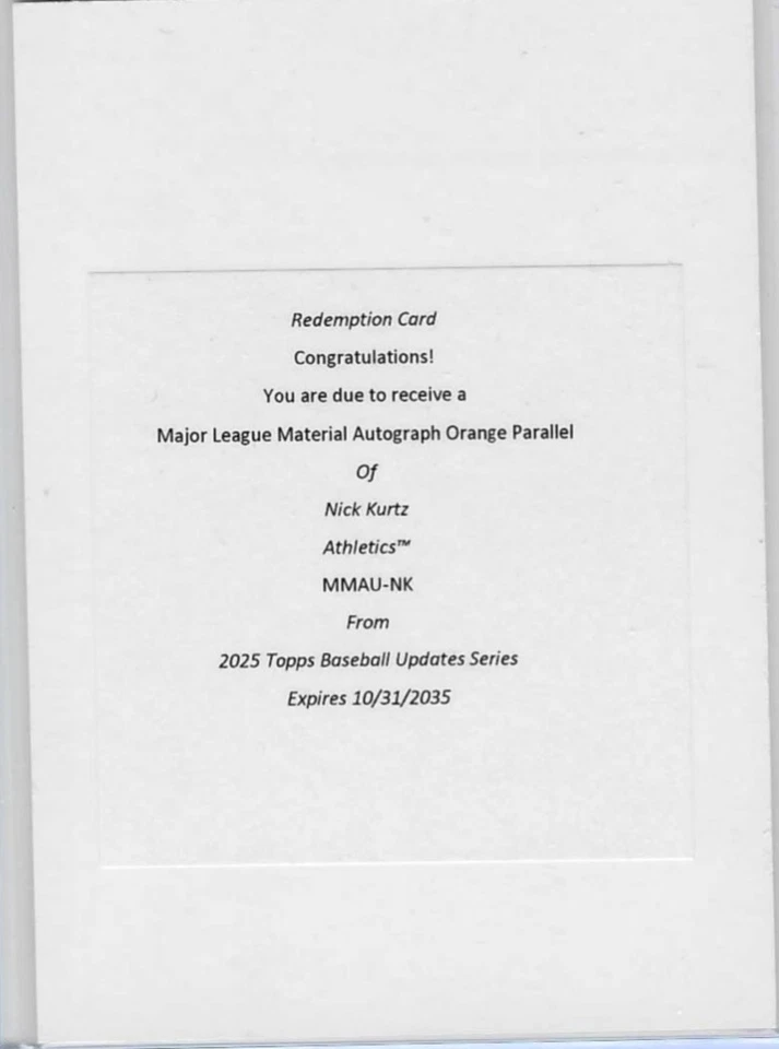 2025 Topps Update Nick Kurtz Major League Material Autograph Orange Parallel - Image 1 of 1