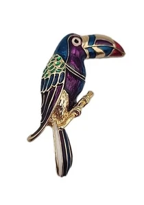 Vintage Tukan tropischer Vogel Papagei helle Farbe Emaille goldfarben figürliche Brosche - Bild 1 von 12