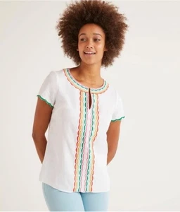 Boden 100% Linen Top Women US 12 Embroidered Geometric Scallop Sleeve White Boho - Picture 1 of 13