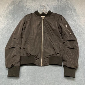 Angel Kiss Bomber Jacket Womens Medium Black Ribbed Hem Sherpa Lined Full Zip - Photo 1/12