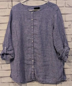 Tahari Women's Size 1X 100% Linen Blouse Blue Button Front Roll Tab Sleeve - Picture 1 of 6