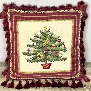 Vintage Needlepoint Decorative Pillow Christmas Tree Tassels Braided Trim Square - Picture 1 of 6