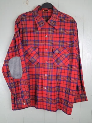 Vintage 50s Botany Rockabilly Wool Loop Collar Shirt Large Red Plaid Elbow Patch - Image 1 of 4