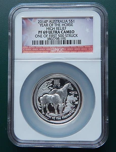 Moneda Australia 2014 1 oz 0,999 plata caballo alto relieve NGC PF69 1 de 1st 500 - Imagen 1 de 5