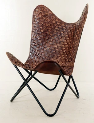 Handmade Antique Leather Lounge Accent Butterfly Relax Arm Chair Vintage Folding - Image 1 of 2