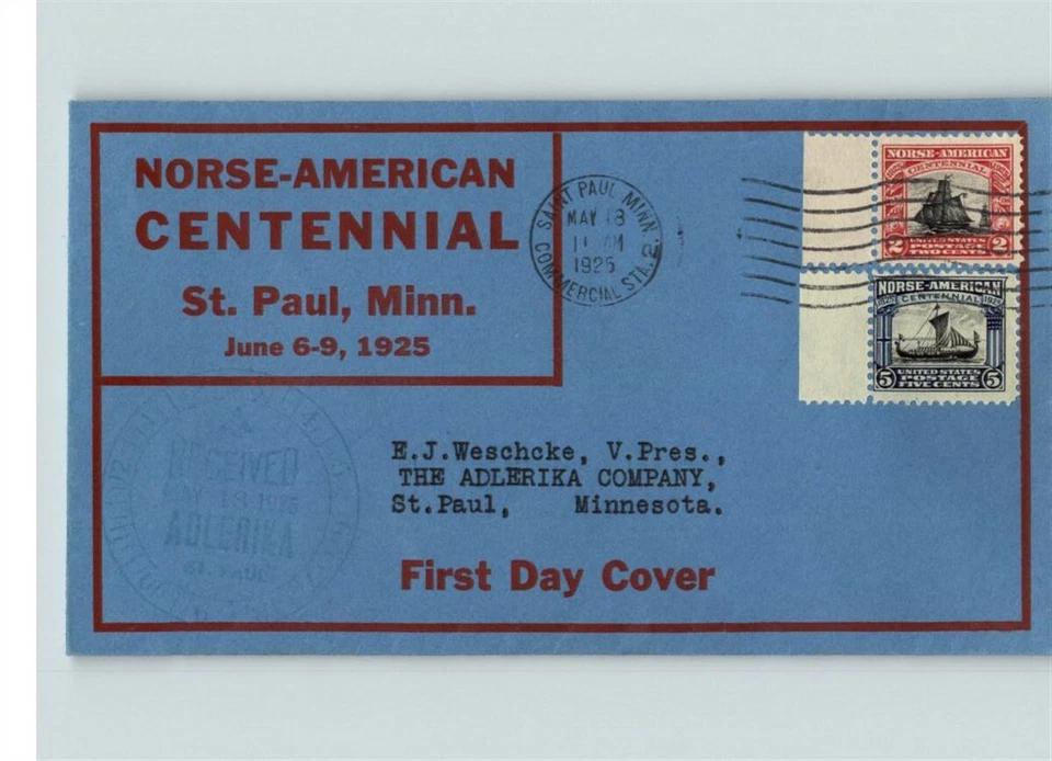 NORSE AMERICAN 1925 FIRST CACHET! # 618 & 619 unoff. Saint Paul, Minnesota, blue - Image 1 of 1