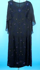 Vtg Women's 20s Sheer Black Chiffon Beaded Drop Waist Dress / Gown S/M 1920s - Picture 1 of 21