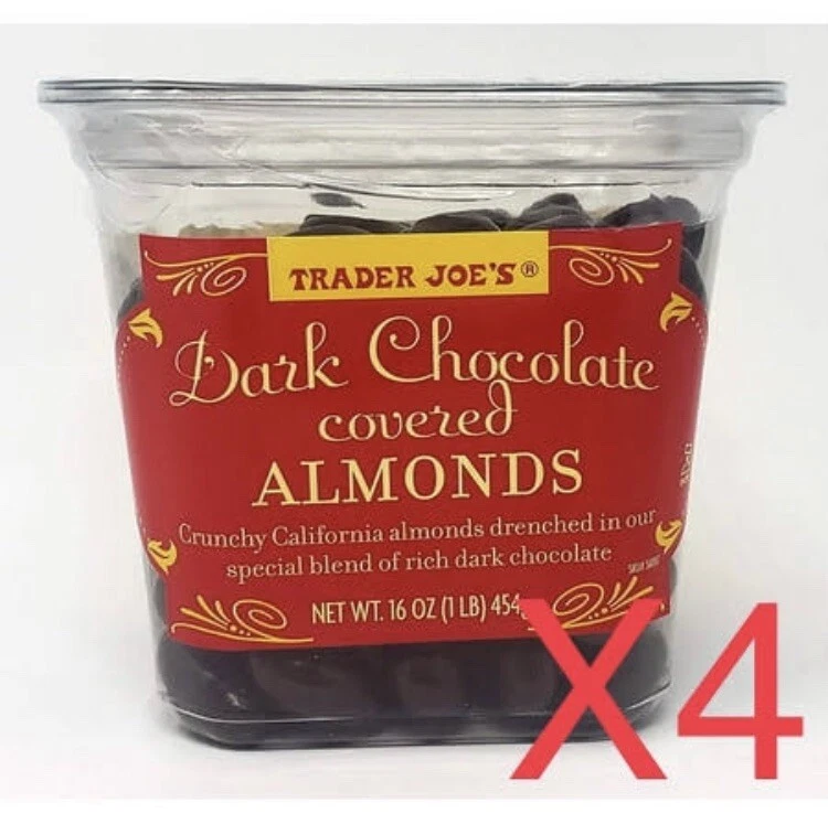 4 Tubs Trader Joes Dark Chocolate Covered California Almonds Candy  - Image 1 of 1