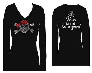 PIRATEN SCHÄDEL & RUM STRASS BLING DAMEN V-AUSSCHNITT LANGARM T-SHIRT - Bild 1 von 1