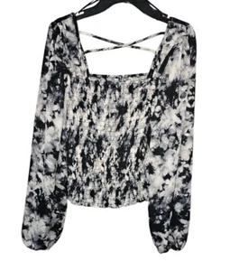 Good Luck Gem Square Neck Balloon Sleeve Criss Cross Tie Dye Blouse Nwt - Picture 1 of 12