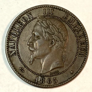1865-A France 10 Centimes Choice Original AU KM-798.1 Napolean III CHN - Picture 1 of 2