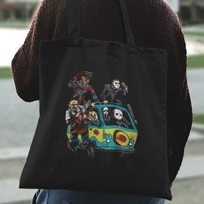 WILLOWGIFTS Horror Mystery Van Black Cotton Tote Bag - Friday 13th Nightmare Killer Doll