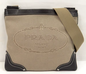 PRADA Unisex Shoulder Crossbody Bag Logo Canvas Leather Italy 56220059000 2 - Picture 1 of 19