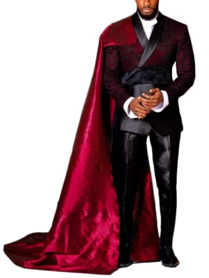 Luxury Mens Wedding Party Suits with Detachable Cape Double Breasted Jacket Pant - Image 1 of 4