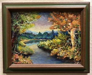 Lazy River Colorful Textured Trees Landscape 9x7 Original Oil Painting Art Frame - Picture 1 of 1