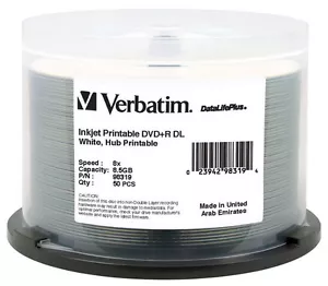 50-Pak VERBATIM 8X Hub a getto d'inchiostro bianco 8,5 GB DOPPIO STRATO 2P DL DVD + R, #98319 - Foto 1 di 2