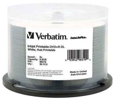 50-Pak VERBATIM 8X White Inkjet Hub 8.5GB DOUBLE LAYER 2P DL DVD+R's, #98319 - Image 1 of 2