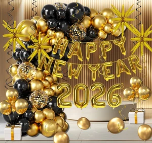 Happy New Year Party Deko, 142 Teile schwarz und gold Ballon Girlanden Bogen K - Bild 1 von 6
