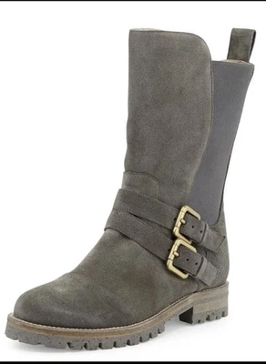 Manolo Blahnik Kagnota Mid Calf Grey Suede Stretch Moto Boots US 6 No Box - Image 1 of 4