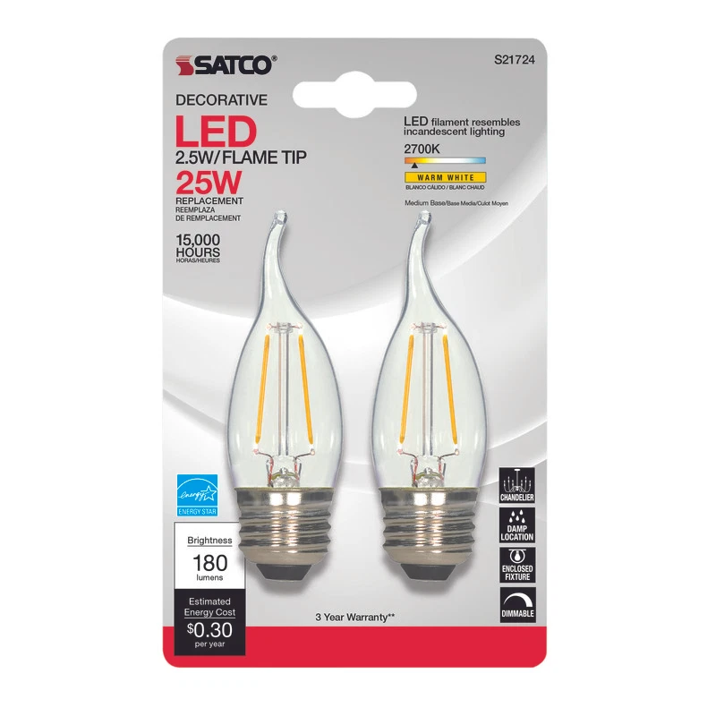 Satco S21724 Clear 120V 180 lm. E26 Medium Base Warm White CA10 LED Bulb 25W - Image 1 of 1