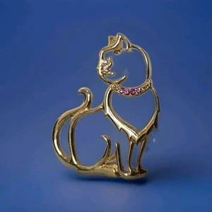 Vintage JJ Jonette Cat Outline Brooch Pin Gold Tone Pink Rhinestone Collar 2" - Picture 1 of 8