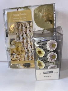 PopularBath-Poppy Fields Shower Curtain W/Valance-Pastel Moss & 12 Curtain Hooks - Picture 1 of 7
