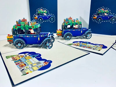Tarjetas Pop Origami Feliz Navidad Papá Noel Azul Vintage Coche 3D Pop Up Tarjeta de Felicitación Foto 1 de 4