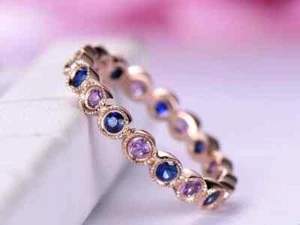 1.20Ct Lab-Created Blue Sapphire Eternity Wedding Band Ring 14K Rose Gold Plated - Picture 1 of 6