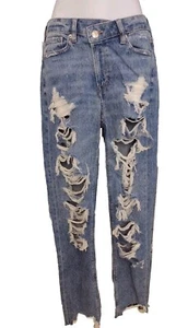 American Eagle Mom Jeans Woman's 4 Long Highest Rise Blow Out Blue Stretch Denim - Picture 1 of 8