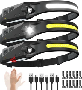 Wiederaufladbare Stirnlampe 3 Stück, 230° Breitstrahl Kopflampe, Bewegungsmelder LED Stirnlampe - Bild 1 von 6