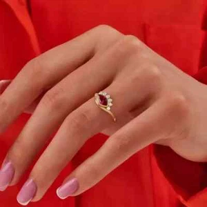 Marquise Cut Simulated Red Ruby Women's Wedding Band Ring 14k Yellow Gold Plated - Picture 1 of 10