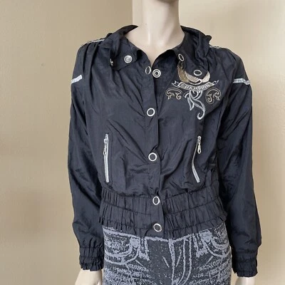 Women’s Black Polyester Casual Stretch Buttons Zips Embroidered Size L Jacket - Image 1 of 4