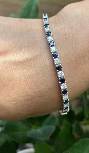 Natural 7.30 Ct Round Sapphire Diamond Line Tennis Bracelet 14K Real White Gold - Picture 1 of 13
