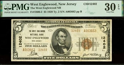 1929 $5 National Bank West Englewood, New Jersey CH# 12402 PMG 30EPQ Type 2 - Image 1 of 2