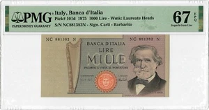 Italy 1000 Lire 1975, PMG 67 EPQ, "Banca d Italia" Pick# 101d - Picture 1 of 2