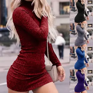 Vestito donna scollo alto manica lunga bodycon festa slim elasticizzato mini dress - Foto 1 di 18