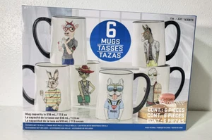 Hipster Animal Coffee Mugs 6 Pc Set 17.5 Oz. Stoneware By Signature - NEW - Picture 1 of 7