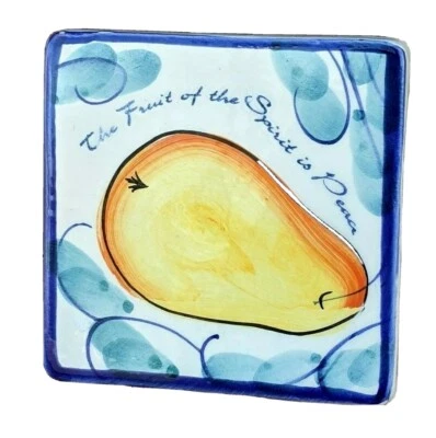 Pear Fruit of the Spirit is Peace gold blue tile  3" square  magnetic decor - Image 1 of 4