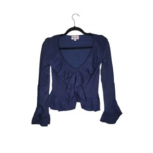 Cry Baby Cardigan Womens XS Navy Blue Ruffle Knit Crop V Neck 90s Y2k Button NWT - Picture 1 of 7