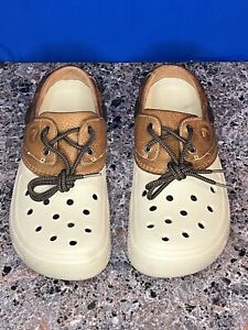 Crocs Islander Pitcrew Brown Leather & Off White Sport Boat Shoes Men’s 11