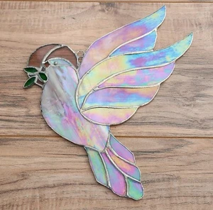 Stunning Vintage 1995 Iridescent Leaded Stained Glass Dove  Suncatcher w / Stand - Picture 1 of 8