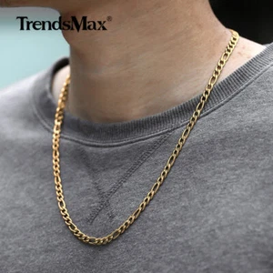 Yellow Gold Plated Stainless Steel Figaro Chain Necklace 22 Inch for Men Boys - Picture 1 of 4