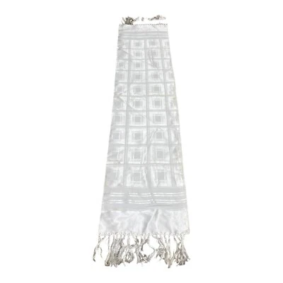 Vintage White Silk Table Runner Or Scarf Geometric Design With Fringe 9.75”x50” - Image 1 of 4