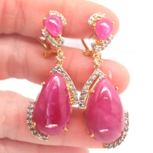Heated Gemstone 14 x 24 mm. Pink Ruby & Sapphire Earrings 925 Sterling Silver - Picture 1 of 4