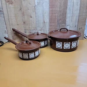 Set pentole vintage MCM Oskar Schindler marrone bianco floreale marrone smalto Polonia - Foto 1 di 9