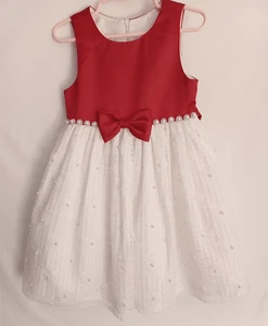 AMERICAN PRINCESS Girls 4 Red Satin/Lace Party Dress, Bow, Pearls, Lined Was $54 - Picture 1 of 5